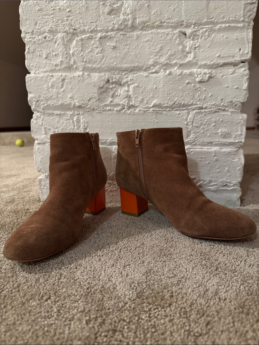 Matiko Brown Suede Ankle Boots with Orange Block Heel